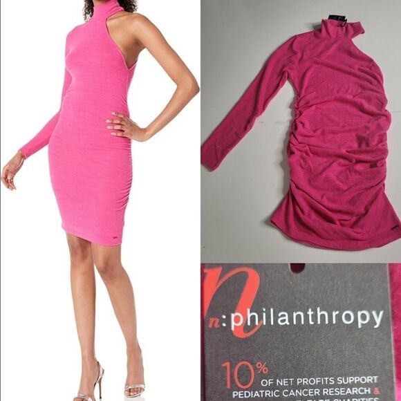 NEW REVOLVE NPHILANTHROPY STRETCH PINK ONE SLEEVE RUCHED MINI DRESS L LARGE NWT - Picture 1 of 10